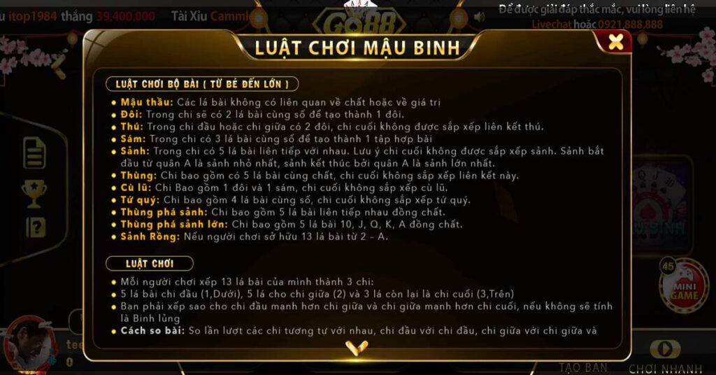 Luật chơi mậu binh online Go88