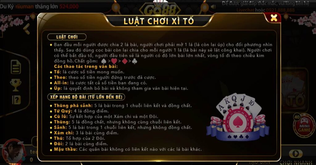 Luật chơi xì tố Go88
